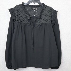 Ella Rafaella Eyelet‎ Top Womens Plus 1X Cotton Ruffles Black Peasant